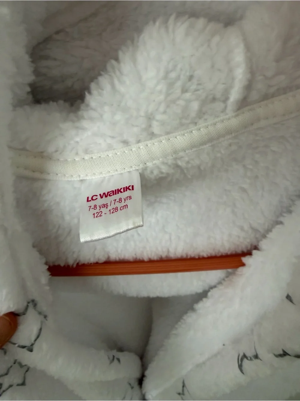 LC Waikiki KiDS - Plush Hooded Kids Bathrobe in White with Gray Stars 7-8 years